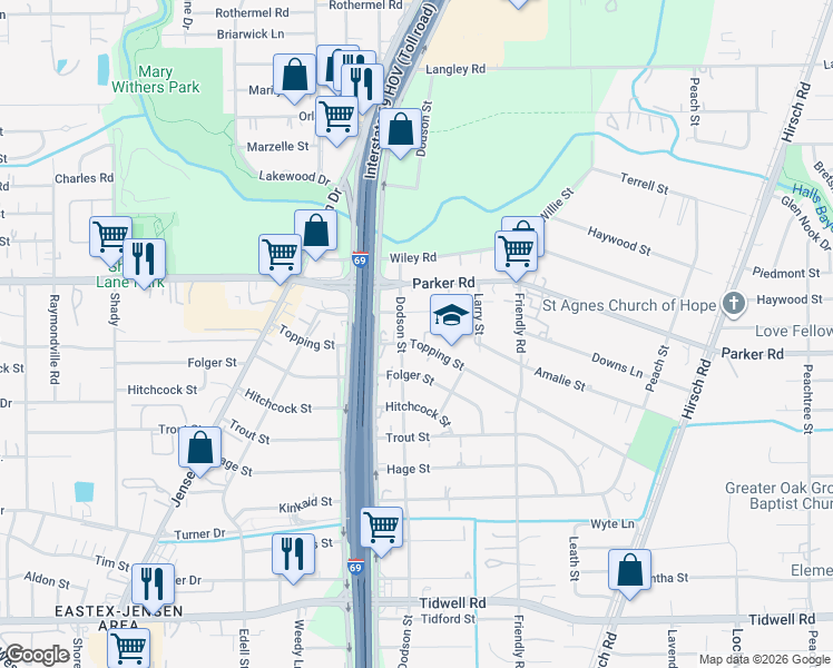 map of restaurants, bars, coffee shops, grocery stores, and more near 3709 Topping Street in Houston