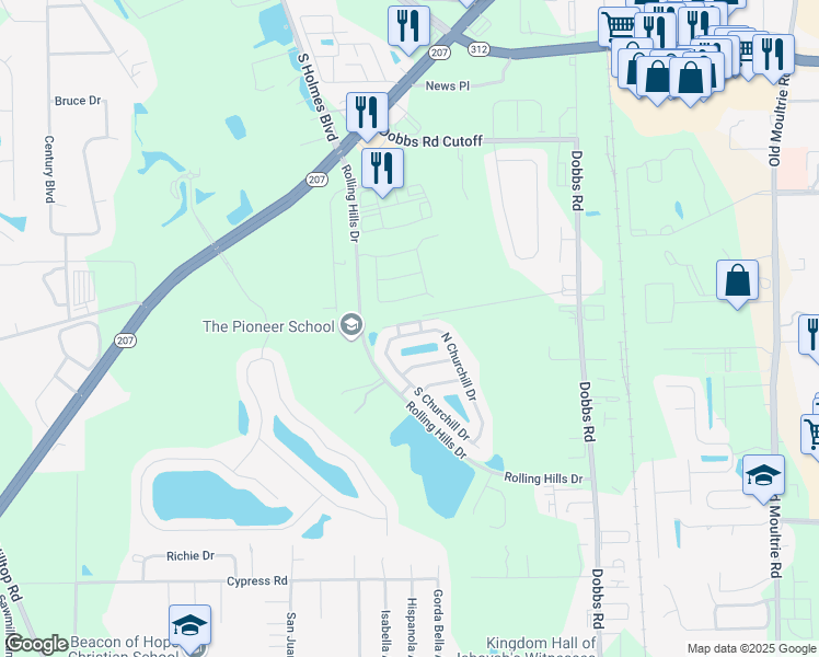 map of restaurants, bars, coffee shops, grocery stores, and more near 177 North Churchill Drive in Saint Augustine