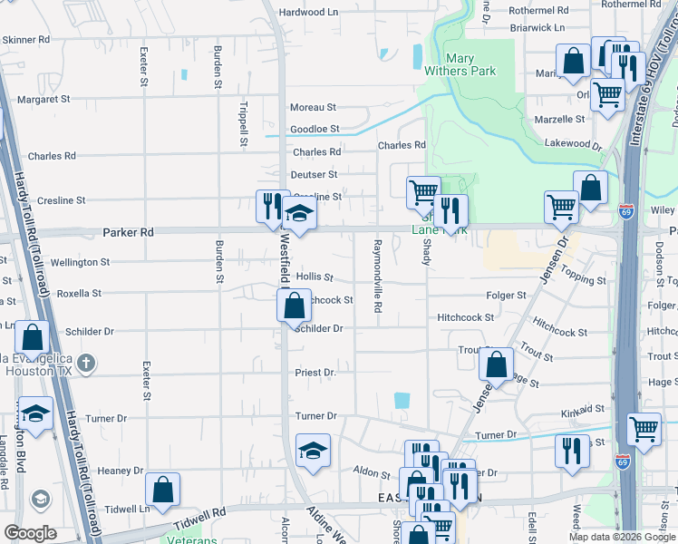 map of restaurants, bars, coffee shops, grocery stores, and more near 2411 Hollis Street in Houston