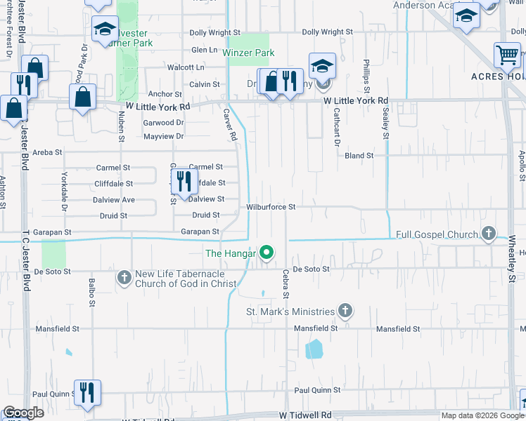 map of restaurants, bars, coffee shops, grocery stores, and more near 6414 Joe Louis Lane in Houston