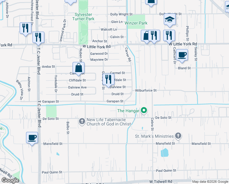 map of restaurants, bars, coffee shops, grocery stores, and more near 2446 Druid Street in Houston