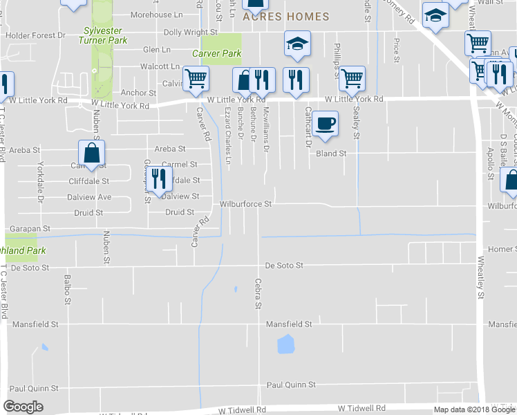 map of restaurants, bars, coffee shops, grocery stores, and more near 6095 Cebra Street in Houston