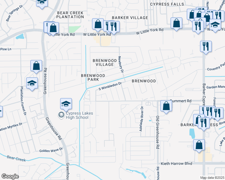 map of restaurants, bars, coffee shops, grocery stores, and more near 18830 Bonners Park Circle in Katy