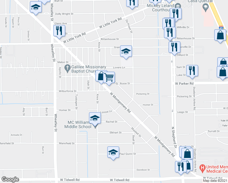 map of restaurants, bars, coffee shops, grocery stores, and more near 6714 West Montgomery Road in Houston