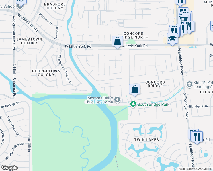 map of restaurants, bars, coffee shops, grocery stores, and more near 5914 Klamath Falls Court in Houston