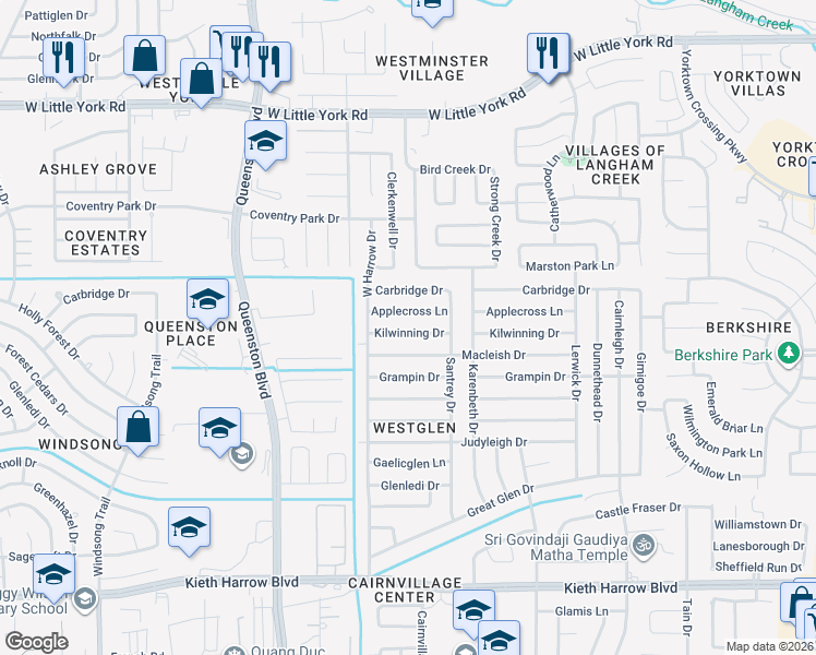 map of restaurants, bars, coffee shops, grocery stores, and more near 17050 Kilwinning Drive in Houston