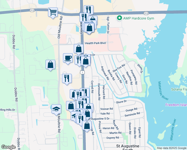 map of restaurants, bars, coffee shops, grocery stores, and more near 105 Dartmouth Road in St. Augustine