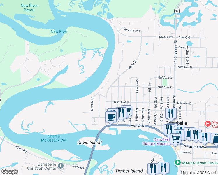 map of restaurants, bars, coffee shops, grocery stores, and more near 1205 Ryan Drive in Carrabelle