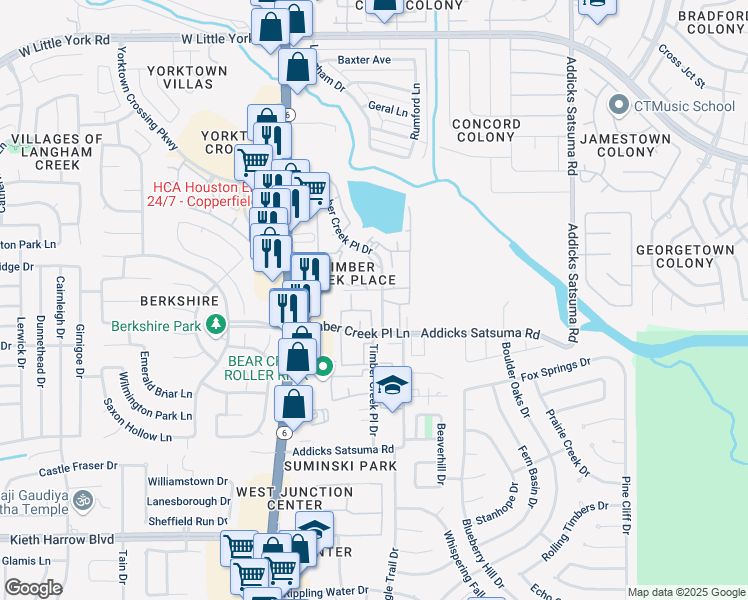 map of restaurants, bars, coffee shops, grocery stores, and more near 5501 Timber Creek Place Drive in Houston