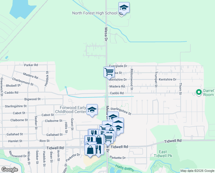 map of restaurants, bars, coffee shops, grocery stores, and more near 9910 Mesa Drive in Houston