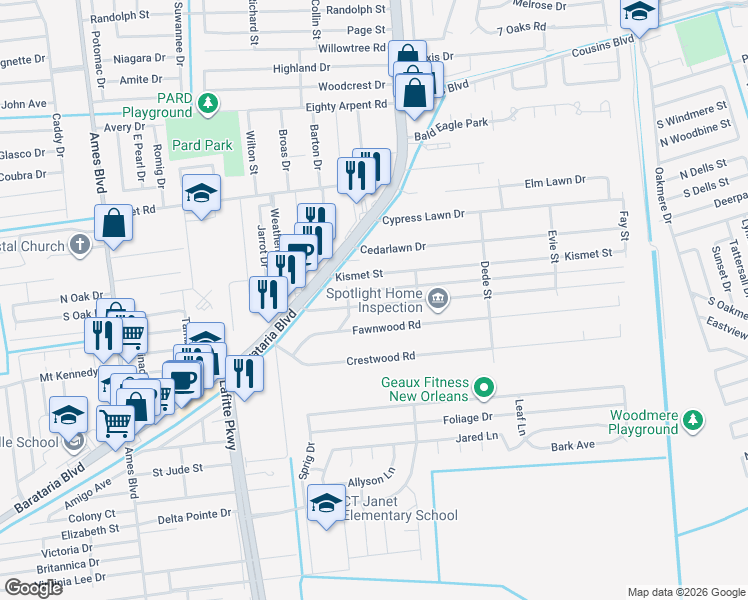 map of restaurants, bars, coffee shops, grocery stores, and more near 2612 Cardinal Drive in Marrero