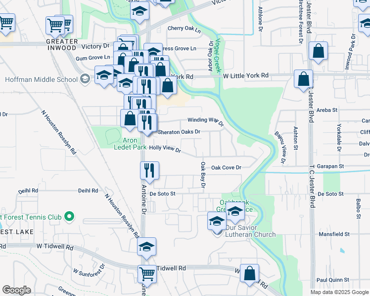 map of restaurants, bars, coffee shops, grocery stores, and more near 5550 Holly View Drive in Houston