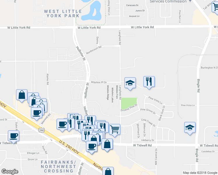 map of restaurants, bars, coffee shops, grocery stores, and more near 6503 Wilshire Ridge in Houston