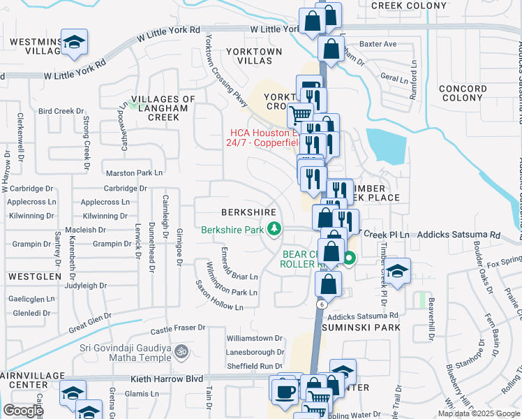 map of restaurants, bars, coffee shops, grocery stores, and more near 15802 Cashel Point Lane in Houston