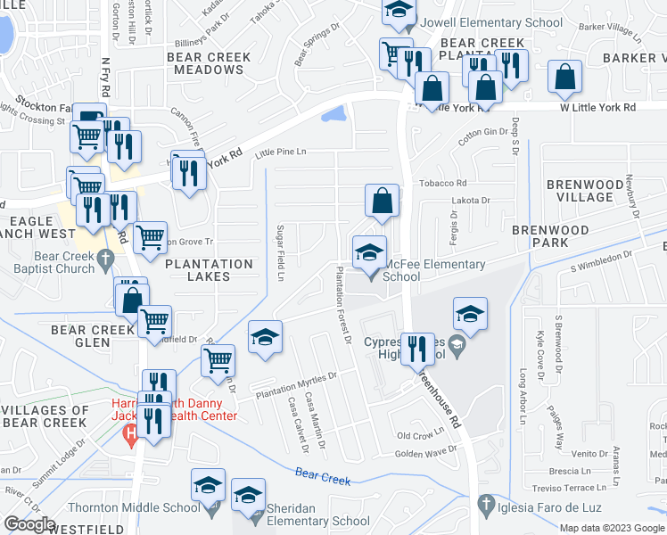 map of restaurants, bars, coffee shops, grocery stores, and more near 5847 Plantation Forest Drive in Katy