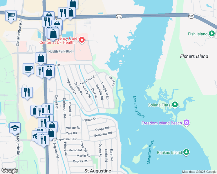map of restaurants, bars, coffee shops, grocery stores, and more near 143 Pompano Road in St. Augustine