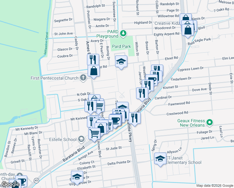 map of restaurants, bars, coffee shops, grocery stores, and more near 3421 Tambour Drive in Marrero