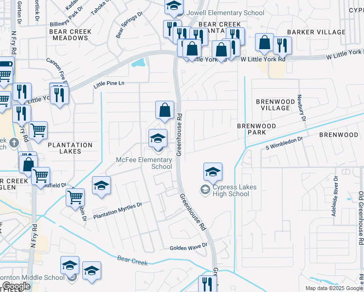 map of restaurants, bars, coffee shops, grocery stores, and more near 5915 Brenwood Trails Lane in Katy