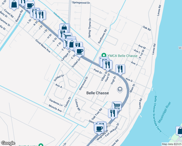 map of restaurants, bars, coffee shops, grocery stores, and more near 131 Sherwood Drive in Belle Chasse