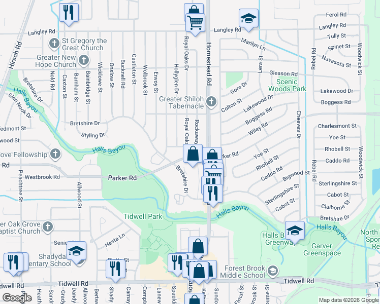 map of restaurants, bars, coffee shops, grocery stores, and more near 7150 Parker Road in Houston