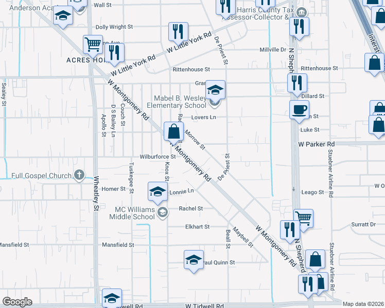 map of restaurants, bars, coffee shops, grocery stores, and more near 6714 West Montgomery Road in Houston