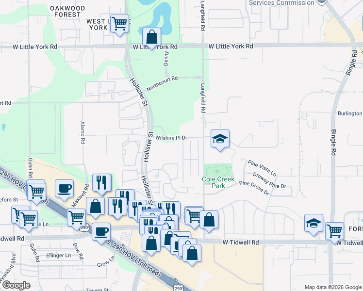 map of restaurants, bars, coffee shops, grocery stores, and more near 6503 Wilshire Ridge in Houston