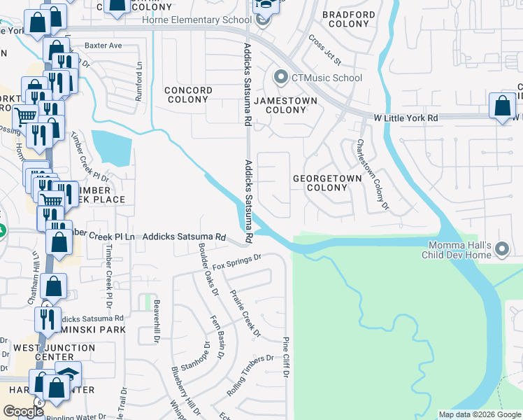 map of restaurants, bars, coffee shops, grocery stores, and more near 6040 Addicks Satsuma Road in Houston