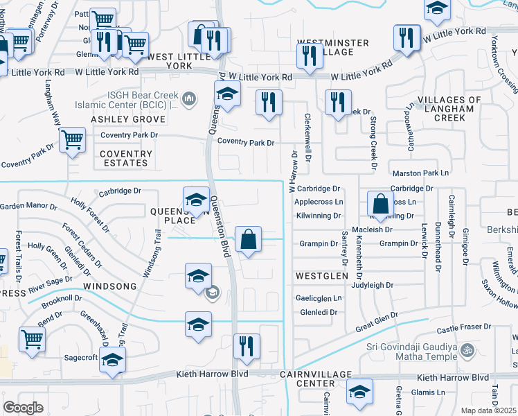 map of restaurants, bars, coffee shops, grocery stores, and more near 17234 Brookhollow Mist Court in Houston