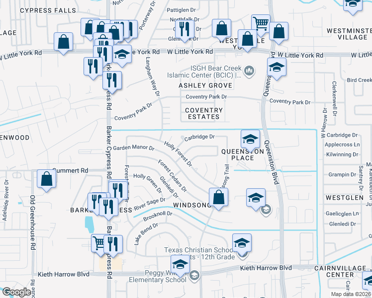 map of restaurants, bars, coffee shops, grocery stores, and more near 18050 Berry Branch Drive in Houston