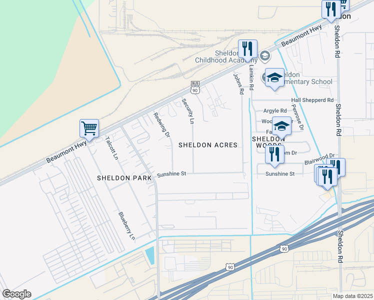 map of restaurants, bars, coffee shops, grocery stores, and more near 9019 Security Lane in Houston