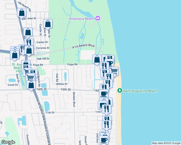 map of restaurants, bars, coffee shops, grocery stores, and more near 30 Clipper Court in Saint Augustine