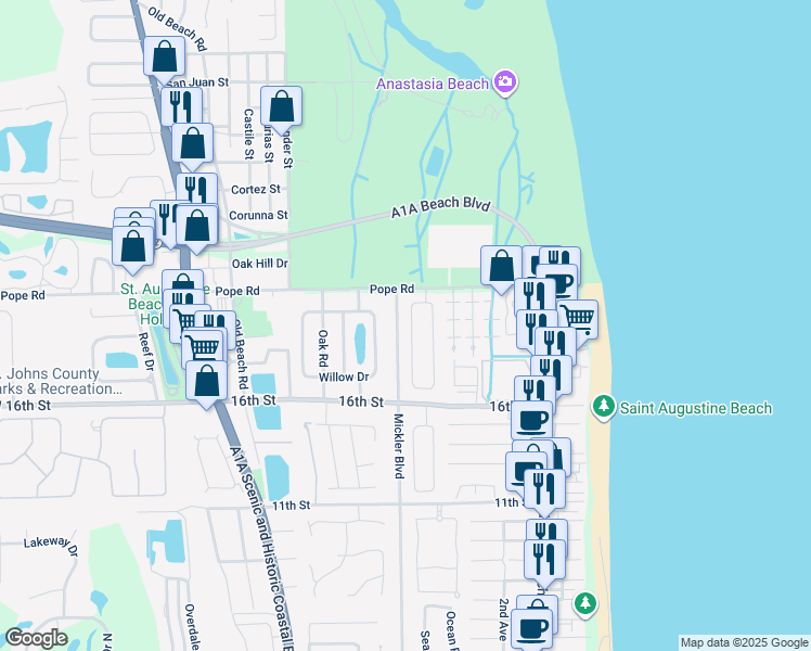 map of restaurants, bars, coffee shops, grocery stores, and more near 16 Lee Drive in St. Augustine