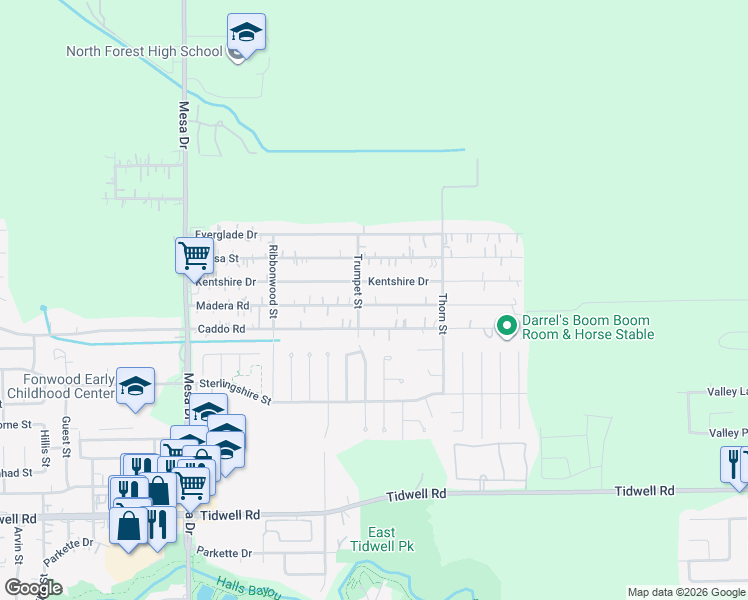 map of restaurants, bars, coffee shops, grocery stores, and more near 9210 Madera Road in Houston