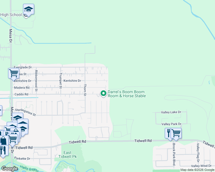 map of restaurants, bars, coffee shops, grocery stores, and more near 9522 Madera Road in Houston