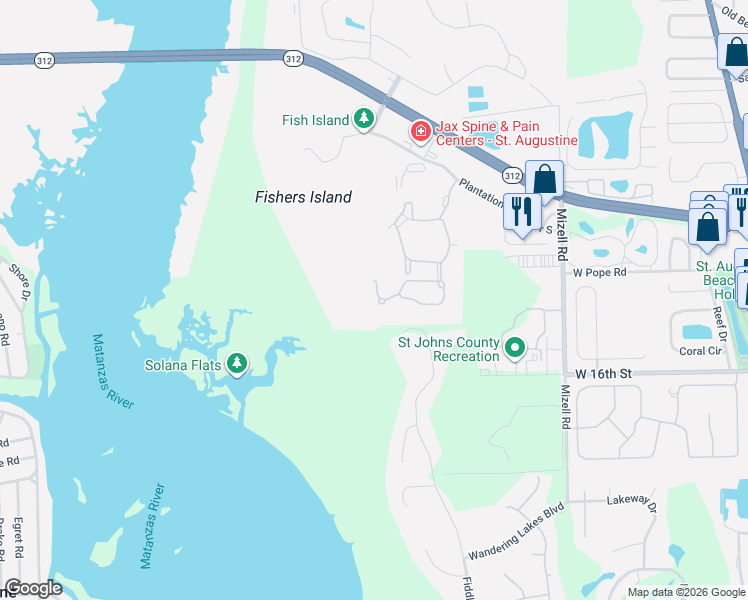 map of restaurants, bars, coffee shops, grocery stores, and more near 219 Sunset Point in St. Augustine