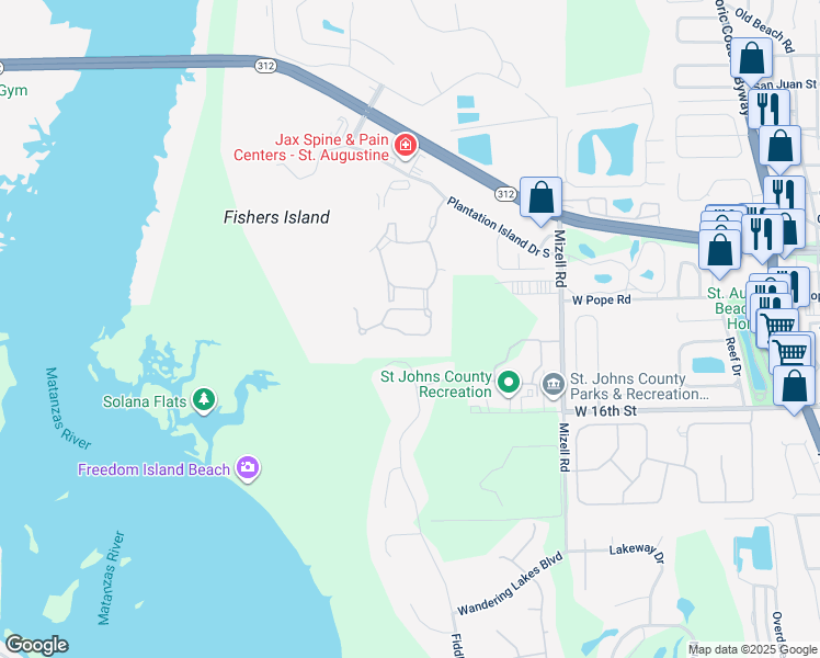map of restaurants, bars, coffee shops, grocery stores, and more near 133 Sunset Circle South in St. Augustine
