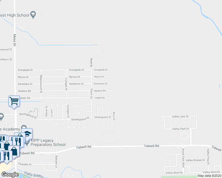 map of restaurants, bars, coffee shops, grocery stores, and more near 9522 Madera Road in Houston