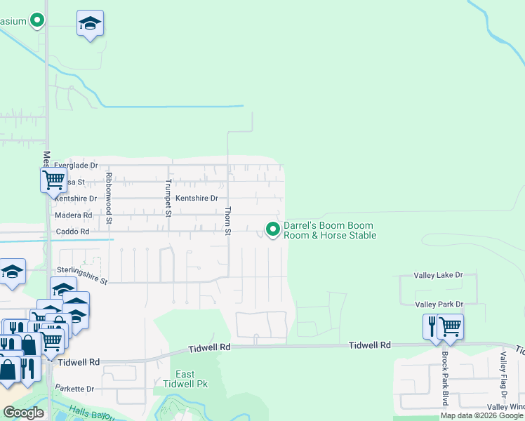 map of restaurants, bars, coffee shops, grocery stores, and more near 9430 Madera Road in Houston