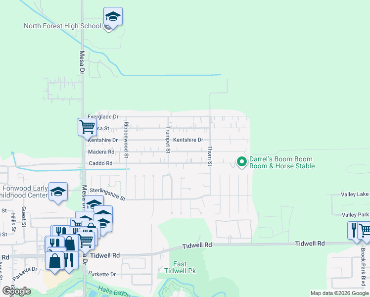 map of restaurants, bars, coffee shops, grocery stores, and more near 9305 Caddo Road in Houston