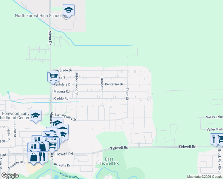 map of restaurants, bars, coffee shops, grocery stores, and more near 9301 Caddo Road in Houston