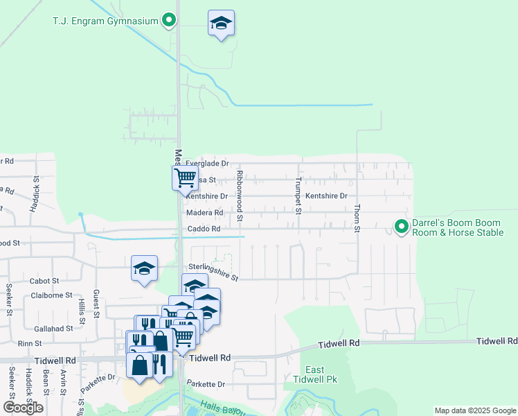 map of restaurants, bars, coffee shops, grocery stores, and more near 9028 Madera Road in Houston