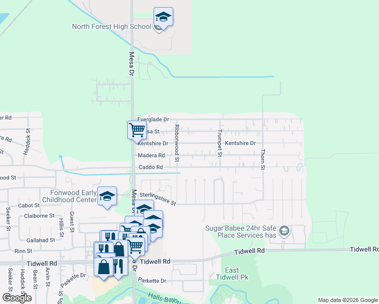 map of restaurants, bars, coffee shops, grocery stores, and more near 9028 Madera Road in Houston