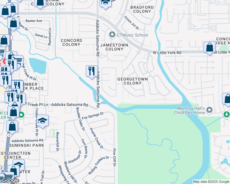 map of restaurants, bars, coffee shops, grocery stores, and more near 5511 Saddle Bred Drive in Houston