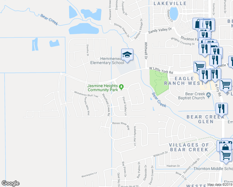 map of restaurants, bars, coffee shops, grocery stores, and more near 21003 Whitehaven Bluff Trail in Katy