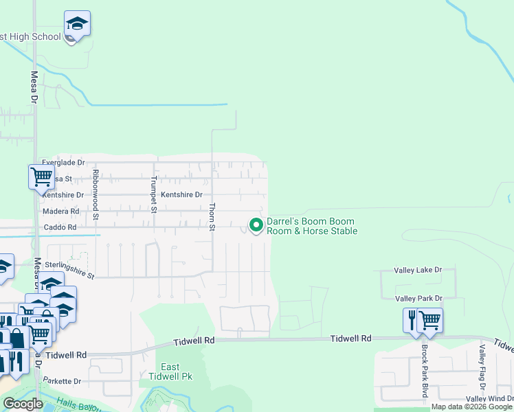 map of restaurants, bars, coffee shops, grocery stores, and more near 9522 Madera Road in Houston