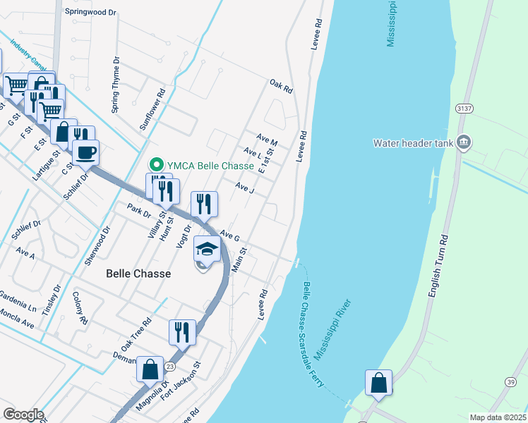 map of restaurants, bars, coffee shops, grocery stores, and more near 302 Main Street in Belle Chasse