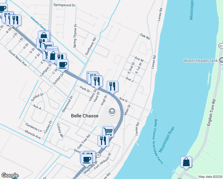 map of restaurants, bars, coffee shops, grocery stores, and more near 8231-8249 Louisiana 23 in Belle Chasse