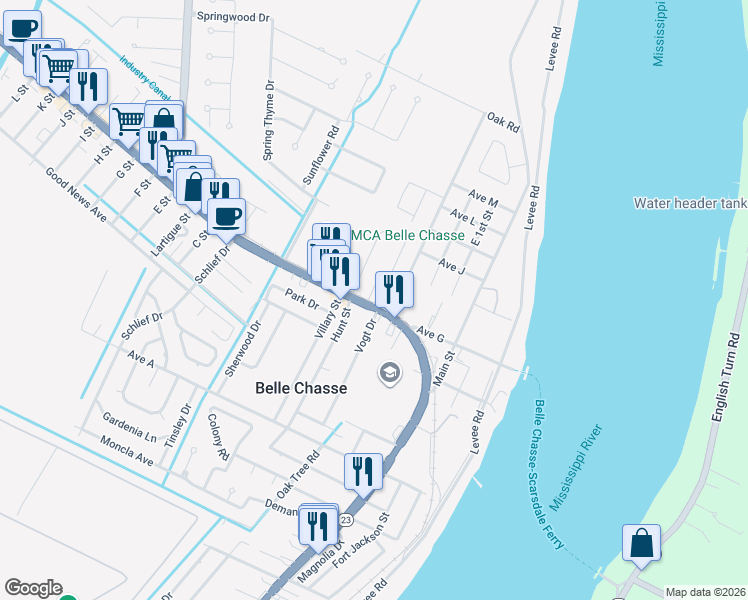 map of restaurants, bars, coffee shops, grocery stores, and more near 104 Vogt Drive in Belle Chasse