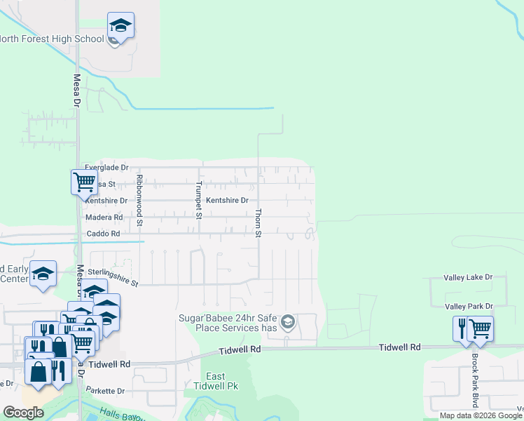 map of restaurants, bars, coffee shops, grocery stores, and more near 9915 Thorn Street in Houston