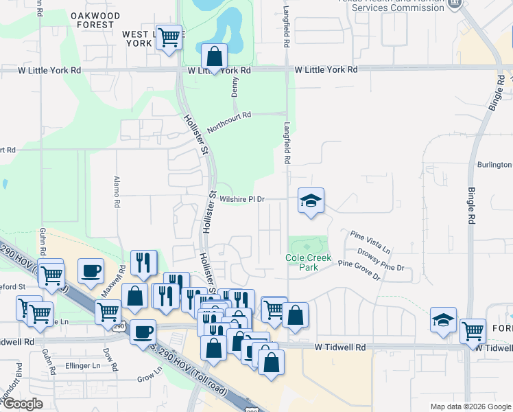 map of restaurants, bars, coffee shops, grocery stores, and more near 6503 Wilshire Ridge in Houston